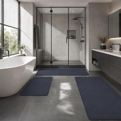 MontVoo -Bath Mat Rug-Rubber Backing Non Slip Quick Dry Absorbent Thin Bathroom Rugs Fit Under Door-Faux Suede Surface Bathroom Floor Mats-Shower Rug for in Front of Bathtub Shower Navy 24"x48"