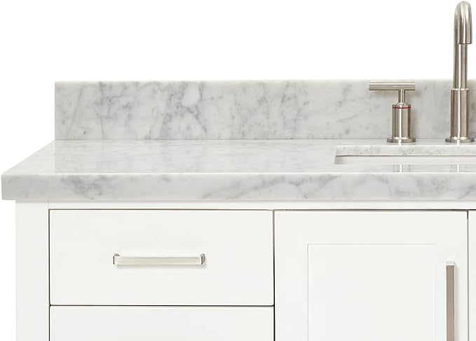DKB Olivia 54-Inch White Bathroom Vanity with Sink, 1.5-Inch Edge Italian Carrara Marble Countertop & Backsplash, Rectangular Undermount Sink, 2 Soft Closing Doors, 6 Dovetail Drawers, Brushed Nickel