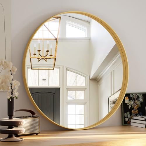 VooBang Round Bathroom Mirror 36 inch, Gold Gorgeous Deep Frame Round Wall Mirror, Modern Bathroom Vanity Mirror for Bedroom, Living Room, Hanging or Leaning, Gold