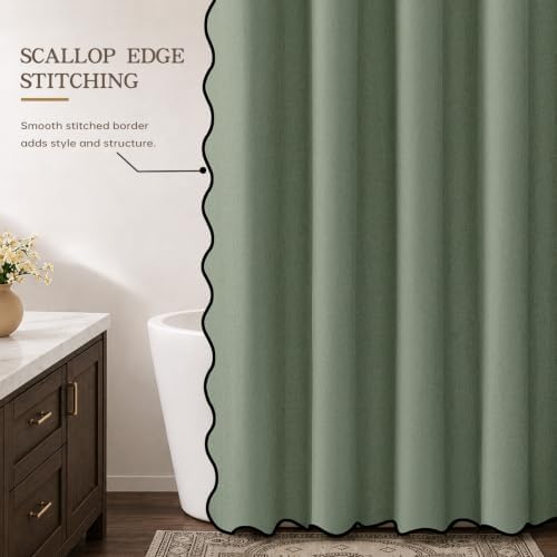 Furlinic Scalloped Shower Curtain Green Waterproof No Hook Weighted 72x84