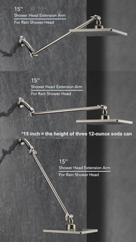 15 Inch Extra Long Adjustable Shower Head Extension Arm With Locking Set Screw, Singing Rain 304 Stainless Steel Angle Height Adjustable, G1/2 Universal Connector Compatible (Nickel Brushed)