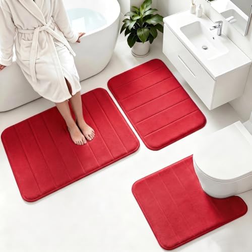 Memory Foam Bath Mat Set 3 Piece，Super Soft Absorbent Bathroom Rug Non Slip, Quick Dry,Machine Wash, Perfect Plush Bathroom Rugs,Home Decor Accessories,Red