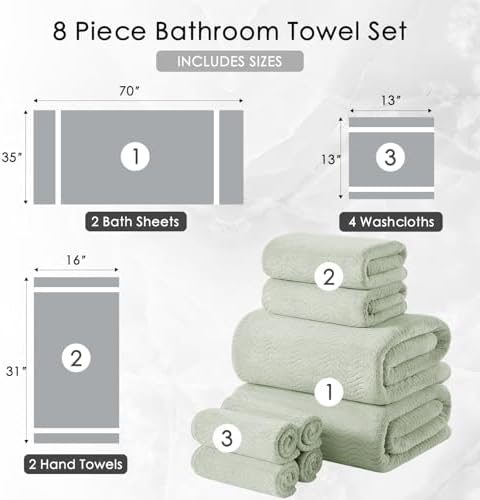 8 Piece Bath Towel Set Green|2 Oversized Large Bath Sheet,2 Hand Towels,4 Washcloths| Ultra Soft Cozy Bath Towel Set for Bathroom Hotel Gym Spa,Highly Absorbent & Quick Dry Bathroom Towel Collections