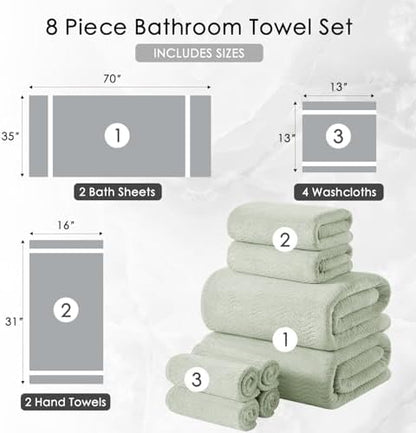 8 Piece Bath Towel Set Green|2 Oversized Large Bath Sheet,2 Hand Towels,4 Washcloths| Ultra Soft Cozy Bath Towel Set for Bathroom Hotel Gym Spa,Highly Absorbent & Quick Dry Bathroom Towel Collections
