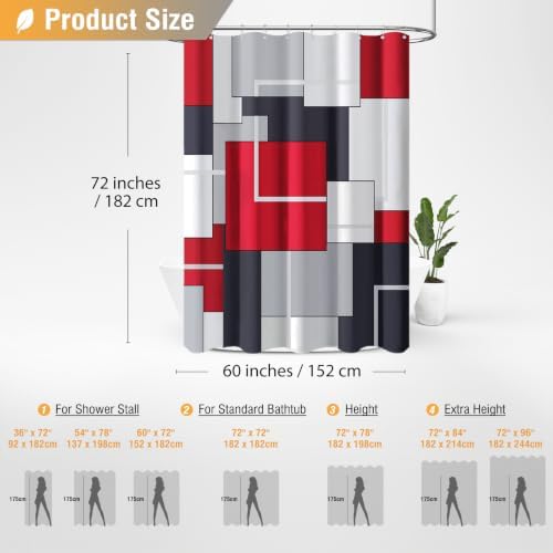 BTTN 60x72 Stall Modern Geometric Waterproof Fabric Shower Curtain Set, Red