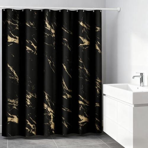 Black and Gold Shower Curtain, Black Marble Shower Curtain, Modern Fabric Shower Curtains for Bathroom, Black and Gold Texture Shower Curtain Set with Hooks 72x72