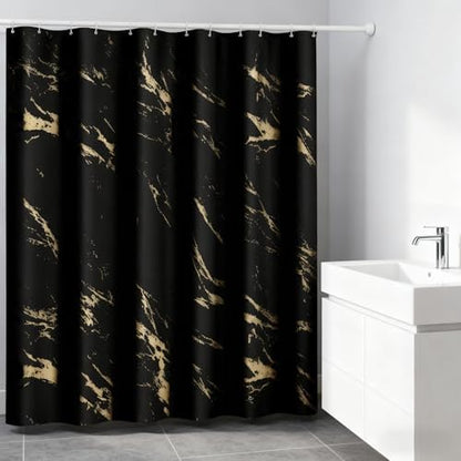 Black and Gold Shower Curtain, Black Marble Shower Curtain, Modern Fabric Shower Curtains for Bathroom, Black and Gold Texture Shower Curtain Set with Hooks 72x72