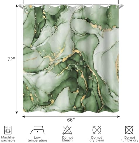 Olive Green Marble Shower Curtain Modern Abstract Luxury Gold Ink Texture Ombre Watercolor Bathroom Curtain Set with Hooks Soft and Lightweight Waterproof Fabric Machine Washable 66" WX72 L