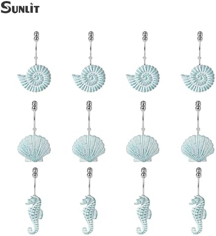 Sunlit Seashells Decorative Double Shower Curtain Hooks, Aqua Blue Ocean Creatures Coastal Shower Curtain Rings, Resin, Nautical Bathroom Decoration Beach Shower Curtain Hooks-12 Pack