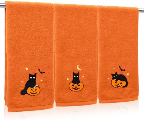 JarThenaAMCS 3Pcs Halloween Hand Towels Black Cat Pumpkin Cotton Embroidered Bathroom Towel Orange Absorbent Bath Towel for Hand Drying Cleaning Cooking Kitchen Decor, 29.5 x 13.7 Inch