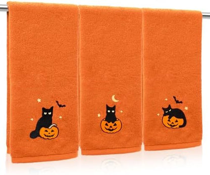 JarThenaAMCS 3Pcs Halloween Hand Towels Black Cat Pumpkin Cotton Embroidered Bathroom Towel Orange Absorbent Bath Towel for Hand Drying Cleaning Cooking Kitchen Decor, 29.5 x 13.7 Inch