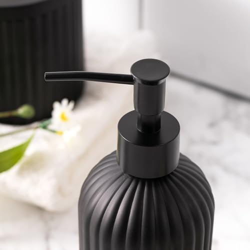 4PCs Heavy Weight Decent Glass Bathroom Accessories Set with Decorative Pressed Pattern - Includes Hand Soap Dispenser & Tumbler & Soap Dish & Toothbrush Holder (Black)