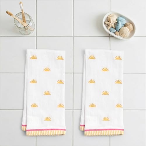 Ritz 2-Piece Cotton Velour Bathroom Hand Towel Set, Embroidered Sun Allover Pattern, Soft White Decorative Towels with Yellow & Pink Striped Border, Bath Decor, 16” x 26”