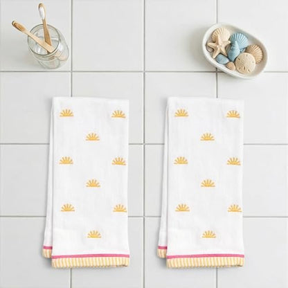 Ritz 2-Piece Cotton Velour Bathroom Hand Towel Set, Embroidered Sun Allover Pattern, Soft White Decorative Towels with Yellow & Pink Striped Border, Bath Decor, 16” x 26”