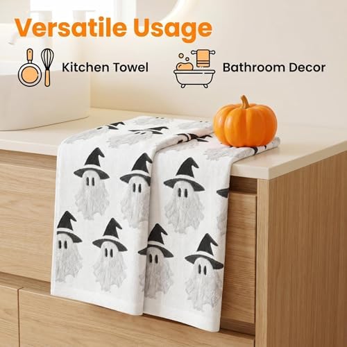 2 Pack Halloween Hand Towels 100% Cotton Jacquard Ghost Halloween Kitchen Towels White Bathroom Towels Set Seasonal Bathroom Decor (Cute Ghost, Halloween)