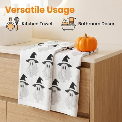2 Pack Halloween Hand Towels 100% Cotton Jacquard Ghost Halloween Kitchen Towels White Bathroom Towels Set Seasonal Bathroom Decor (Cute Ghost, Halloween)
