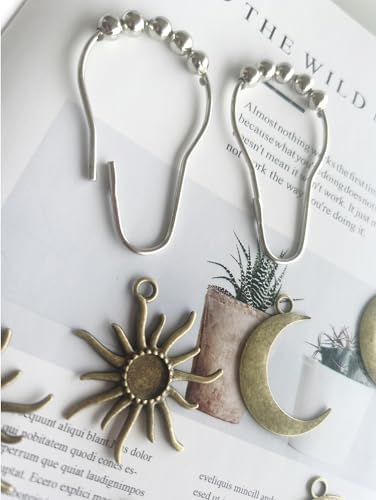 Sun Moon Celestial Shower Curtain Hooks Rings - Mid Century Abstract Boho Shower Curtain Hooks, Minimalist Vintage Cute Shower Hooks,Chic Mystic Fantasy Goth Nature Bathroom Decor