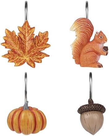 Sunlit Fall Autumn Decorative Shower Curtain Hooks, Pumpkin Maple Leaf Squirrel Acorn Shower Curtain Rings, Resin, Orange Leaves Cute Bathroom Curtain Hangers Decoration, Set of 12