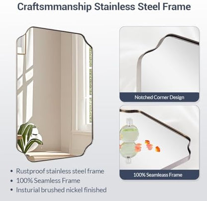MIRRORART 20 x 28 Scalloped Chrome Mirror for Bathroom, Polished Silver Rectangle Wall Mirror Rounded Notched Corner, Rustproof Metal Frame Vanity Mirror for Bathroom Remodel, Vertical/Horizontal