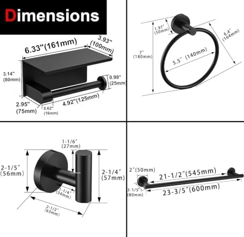 5 Pieces Matte Black Bathroom Hardware Accessories Set,24 Inch SUS304 Stainless Steel Bath Towel Holder Set, Round Bathroom Towel Bar Set, Towel Racks for Bathroom Wall Mounted