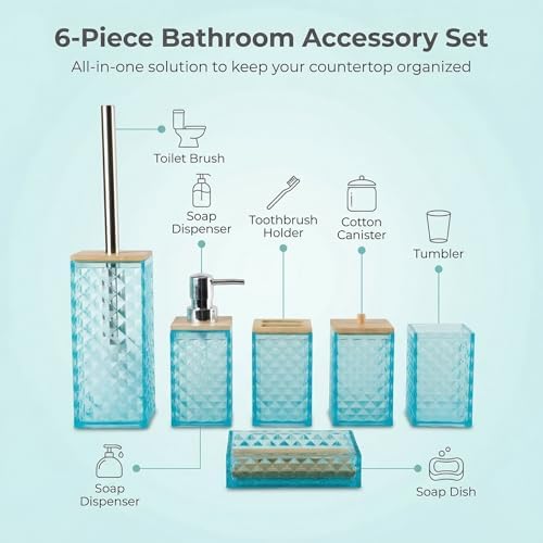 Light Blue Bathroom Accessory Set, 6 PCS Light Blue Bathroom Accessories Set, Soap Dispenser, Toothbrush Holder, Soap Dish, Mouthwash Cup, Cotton Swab Holder and Toilet Brush, Acrylic