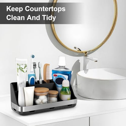 GFWARE Black Toothbrush Holder - 7 Slots Bathroom Organizer Countertop with Drainage Matte Black Electric Toothbrush and Toothpaste Holder for Bathroom Accessories Sink Storage