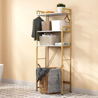 Over The Toilet Storage Rack with 3-Tier Shelves, Space Saver Toilet Shelf, Laundry Organizer with Hooks for Over Toilet Storage and Space Saver (White & Gold)