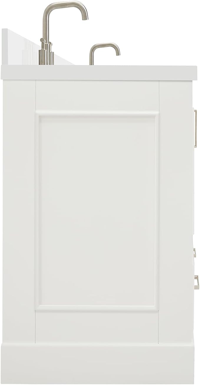 ARIEL Stafford 60-inch Bathroom Vanity with Sink,Solid Wood, 1.5-inch Pure White Quartz Countertop & Backsplash, Double Rectangular Porcelain Sink, 4 Soft Closing Doors, 6 Dovetail Drawers, White