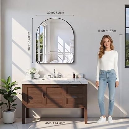 Arched Bathroom Mirror, 30"x36" Black Arched Mirror for Bathroom, Wall Mounted Mirror, Black Vanity Wall Mirror w/Metal Frame for Bedroom, Entryway, Living Room, Hanging or Leaning Against Wall