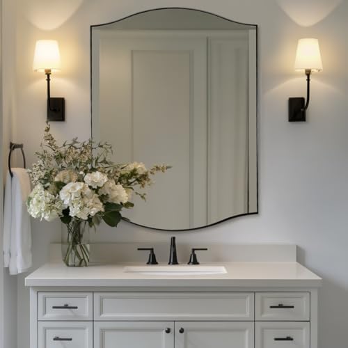 ANDY STAR 30"x40" Scalloped Wall Mirror，Matte Black Rectangle Bathroom Mirror with Curved Edge Stainless Steel Metal Frame, Large Wall-Mounted Mirror for Bathroom, Entryway (Horizontal/Vertical)