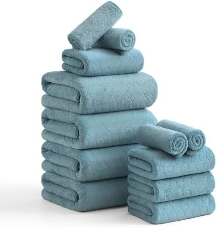 Hailea Luxury Bath Towels Set - 12 Piece (4 Large Bath Towels,4 Hand Towels,4 Washcloths), 100% Microfiber,Extra Absorbent Super Soft & Quick Dry,Complete Family Pack for Bathroom Gym Pool,Turquoise