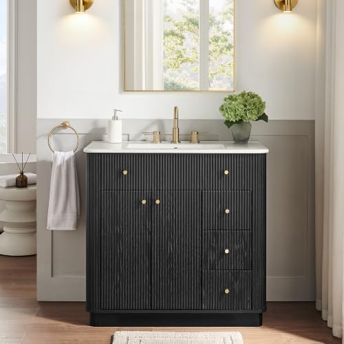 T4TREAM 36" Fluted Bathroom Vanity with Single Sink, Black Oak
