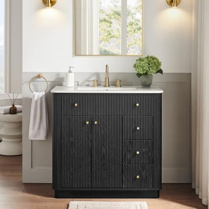 T4TREAM 36" Fluted Bathroom Vanity with Single Sink, Black Oak