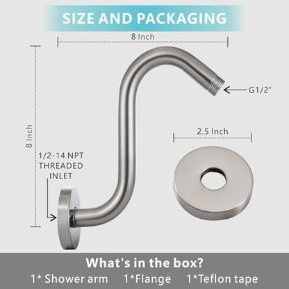 Shower Head Extension Arm with Flange, S Shaped High Rise Gooseneck Showerhead Riser Pipe, Universal Standard 1/2" Connection - Bathroom Accessory (8 Inch, Brushed Nickel)