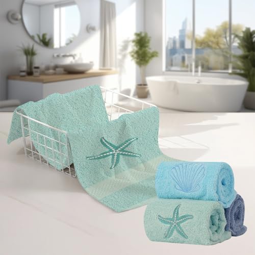 3 Pcs Coastal Hand Towels Ocean Decorative Bathroom Towels Decors Beach Hand Towel Embroidered Towel Decorative Set 100% Cotton Soft Absorbent Towels for Bathroom Decors
