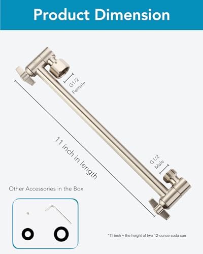 11 Inch Adjustable Shower Head Extension Arm With Locking Set Screw, Singing Rain 304 Stainless Steel Nickel Brushed Angle Height Adjustable, G1/2 Universal Connector Compatible (Nickel Brushed)