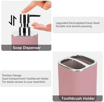 Pink Bathroom Accessories 2 Pcs, Soap Dispenser and Toothbrush Holder Set