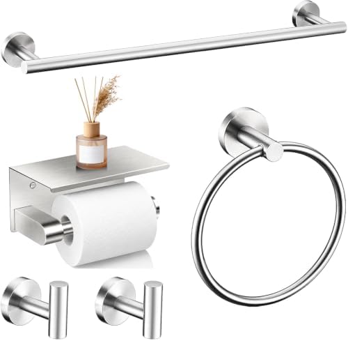5 Pieces Brushed Nickel Bathroom Hardware Accessories Set, SUS304 Stainless Steel 24 Inch Bath Towel Bar Set, Round Bathroom Towel Holder Set, Towel Racks for Bathroom Wall Mounted