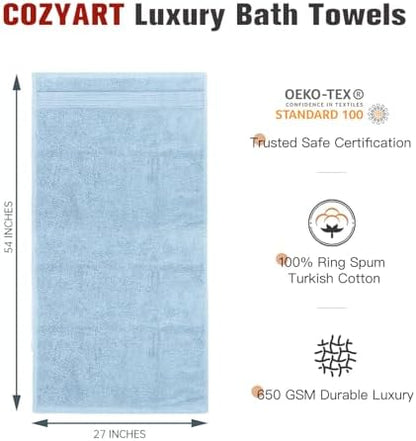 COZYART Luxury Bath Towels 4 PCS, 27x54 650 GSM Turkish Cotton, Light Blue