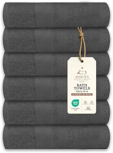Bath Towels Pack of 6 – 24" x 50" – 100% Cotton Terry, Soft, Quick-Dry & Highly Absorbent – Charcoal Grey Towels for Bathroom, Spa, Gym, Hotel, Pool & Everyday Use