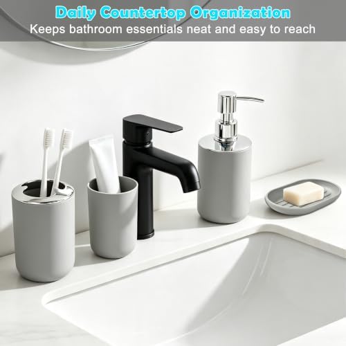 Compact 6-Piece Grey Plastic Bathroom Accessories Set with Small Trash Can, Soap Dispenser, Toothbrush Holder, Cup, Soap Dish, Toilet Brush for Guest Bathroom Dorm Apartment
