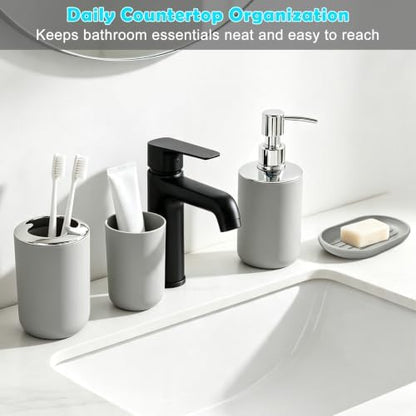 Compact 6-Piece Grey Plastic Bathroom Accessories Set with Small Trash Can, Soap Dispenser, Toothbrush Holder, Cup, Soap Dish, Toilet Brush for Guest Bathroom Dorm Apartment