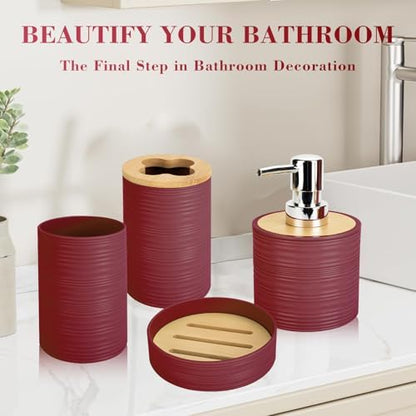 4PCS Burgundy Bathroom Set, Soap Dispenser, Dish & Bamboo Holder, Rustic