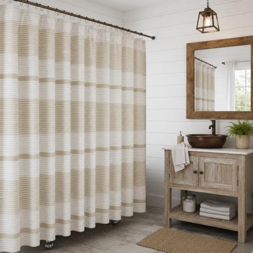 Serafina Home Tan Beige White Striped Cotton Bathroom Shower Curtain