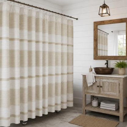 Serafina Home Tan Beige White Striped Cotton Bathroom Shower Curtain
