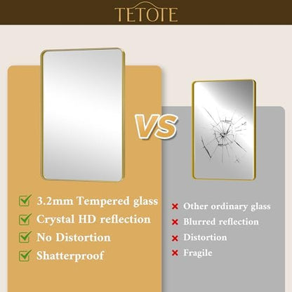 TETOTE 16 x 20 Inch Gold Bathroom Mirror Brushed Gold Metal Framed Vanity Mirror, Tempered Glass, Wall Mounted for Bathroom, Entryway, Bedroom, Living Room(Horizontal/Vertical)