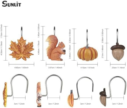 Sunlit Fall Autumn Decorative Shower Curtain Hooks, Pumpkin Maple Leaf Squirrel Acorn Shower Curtain Rings, Resin, Orange Leaves Cute Bathroom Curtain Hangers Decoration, Set of 12