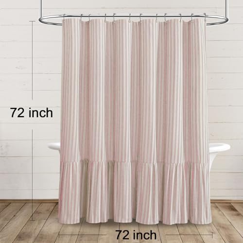 Farmhouse Shower Curtain Ruffle Linen Cream-Pink Stripe 72"W x 72"L