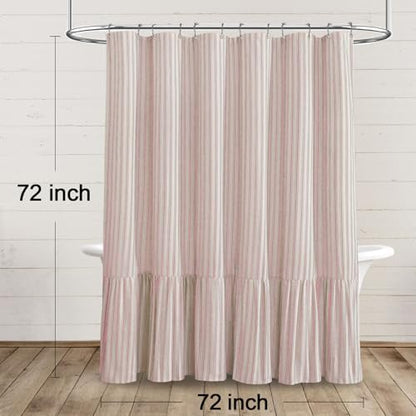 Farmhouse Shower Curtain Ruffle Linen Cream-Pink Stripe 72"W x 72"L