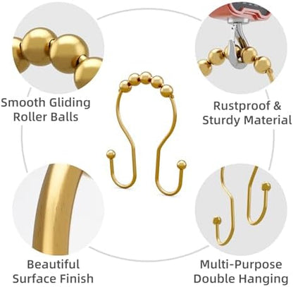 Bathway Shower Curtain Hooks, Shower Curtain Rings Rust Proof Double Hook Shower Curtain Hooks, 12 Pcs Dark Gold Shower Hooks for Shower Curtain, Shower Rings for Curtain, Metal Shower Rod Hooks